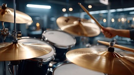 Obraz premium Drummer performing energetically in a modern music studio during a practice session in the evening