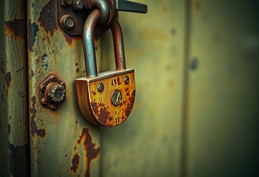 Rusty padlock on a weathered metal door, escape game clue, weathered, enigma