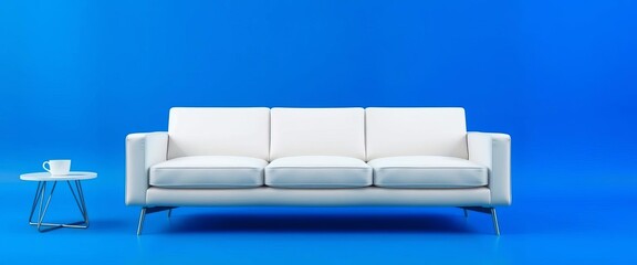 Sleek modern white sofa, isolated on vibrant blue backdrop, living room, sectional