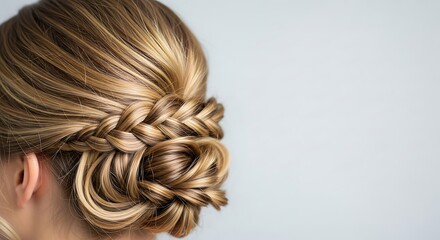 Elegant braided updo hairstyle with a low chignon, showcasing intricate weaving and soft blonde highlights.
