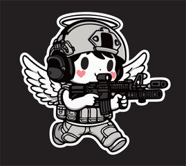 A Vector Illustration of Cupid Angel wear Tactical gear drawing line art 