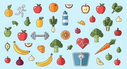Vibrant healthy lifestyle icons on light blue background showcasing balanced nutrition and fitness essentials for