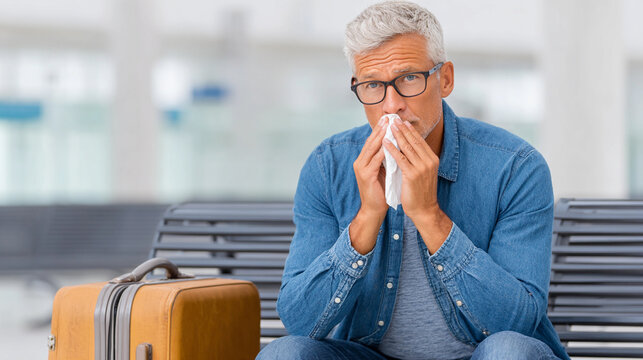 Middle-aged man with gray hair and glasses sitting on a bench in an airport terminal looks worried while holding a tissue and a suitcase nearby - Powered by Adobe