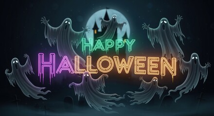 Spooky ghosts celebrate Happy Halloween with glowing neon lights and a haunted castle backdrop