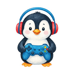 Cute penguin gamer with headphones and joystick watercolor illustration
