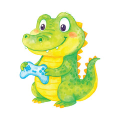 Funny crocodile gamer holding blue joystick cartoon watercolor illustration