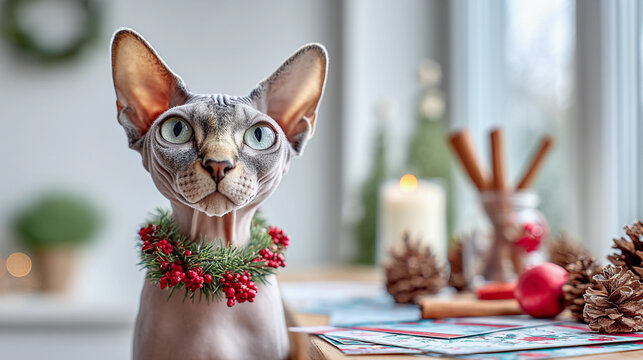 Sphynx cat adorned with a festive wreath in a cozy holiday setting with candlelight and seasonal decorations - Powered by Adobe