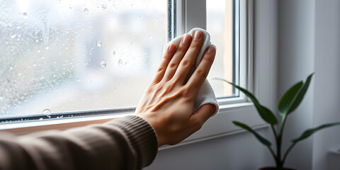 high humidity in the house. hand wipes water condensation from the window close-up