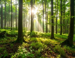 Obraz premium Sunbeams in a lush forest