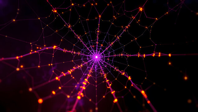 Abstract glowing spiderweb with purple center and orange nodes in a dark background space