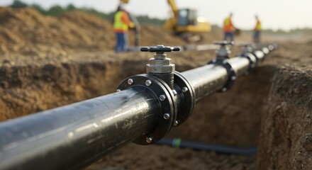Large black metal pipe with fresh weld joint on construction site. Workers in background. Trench for pipeline installation.