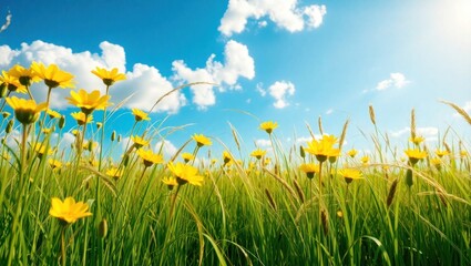 Fototapeta premium Bright yellow wildflowers blooming under sunny blue sky