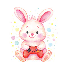 Cute watercolor bunny gamer with red controller illustration