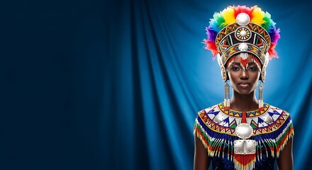 Obraz premium A striking portrait of a Black woman adorned in vibrant, traditional African regalia and a colorful headdress.