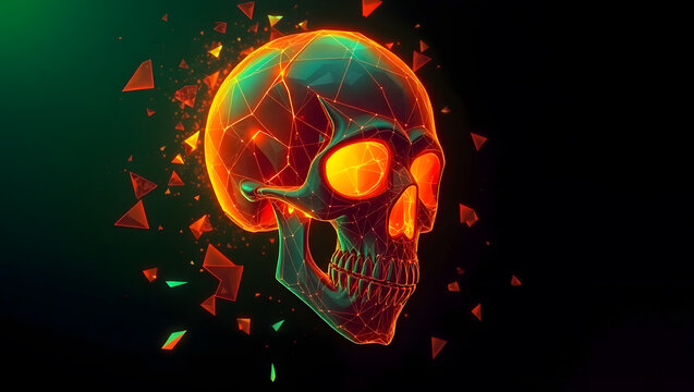 Glowing polygonal skull with orange eyes and fractured geometric shapes on a dark background - Powered by Adobe