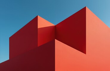 Bold red geometric structure stands against a vibrant blue sky. Modern architecture with sharp angles and rich colors defines this vivid composition, highlighting linear shapes and strong contrast.