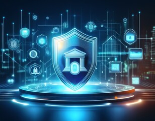 modern digital banking security concept with holographic bank shield symbol and futuristic financial technology icons on a touchscreen interface
