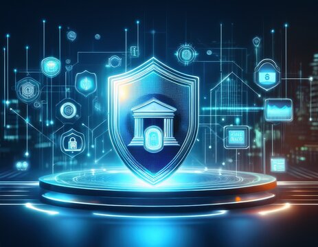 modern digital banking security concept with holographic bank shield symbol and futuristic financial technology icons on a touchscreen interface
