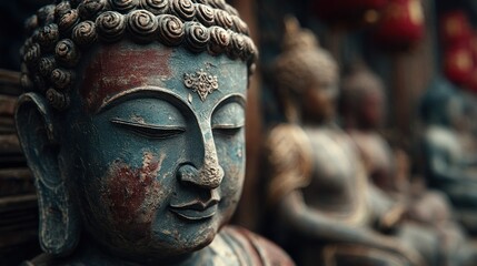 Serene Buddha statues in contemplative pose, ancient and aged presence