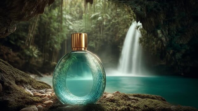 Elegant perfume bottle displayed before a stunning natural waterfall scene