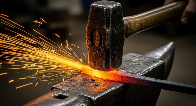 Metalworking Hammer striking glowing, heated metal bar atop a steel anvil