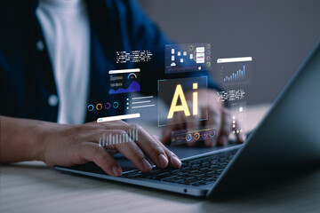 Fototapeta premium Close up hands typing on laptop with artificial intelligence dashboard interface. Concept of AI technology, data analytics, machine learning and smart digital transformation in business