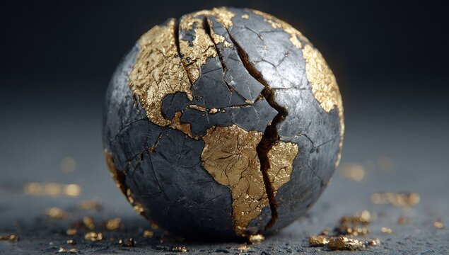 A cracked, golden-edged globe on a dark surface