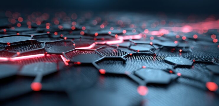Abstract hexagonal network with glowing red accents - Powered by Adobe
