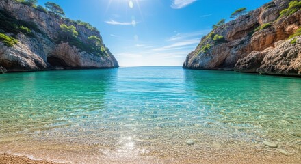 Obraz premium Idyllic Turquoise Bay Between Rocky Cliffs Under Bright Sunshine