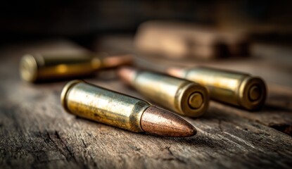 Close-up of rifle cartridges on weathered wood