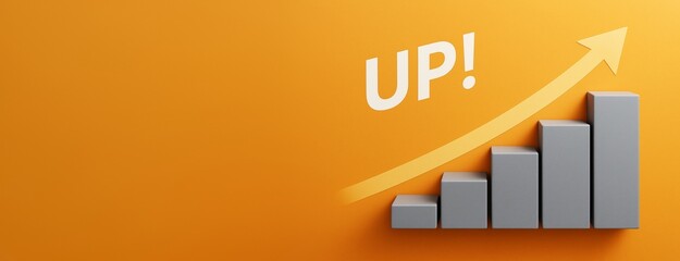 Business growth bar chart with upward arrow and UP text on bright orange background, clean layout with copyspace for banner or promotion template.