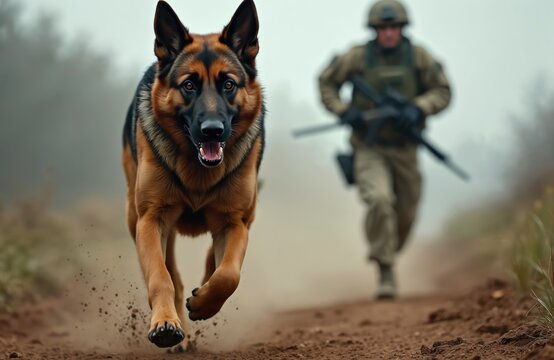 German Shepherd and soldier run along dirt path during military training. Dog and handler demonstrate teamwork, agility, and loyalty. Sharpened determination and strength shown in action.