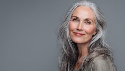 Naklejka premium Portrait of a middle-aged woman with gray hair, smiling confidently against a light gray background, wearing casual attire, highlighting her features and natural beauty in a process of self-acceptance