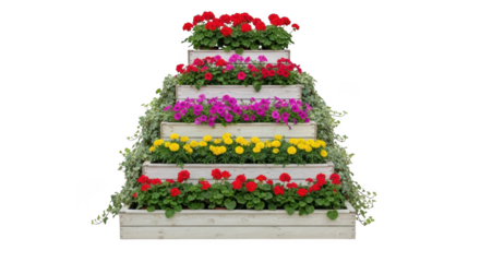 Tiered white planter display filled with vibrant red pink yellow and green flowers isolated on transparent background