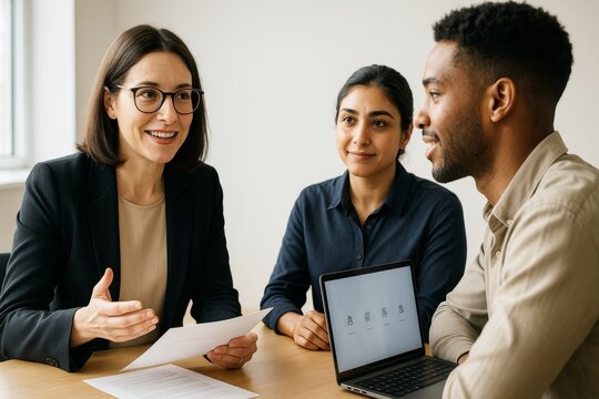 Business team meeting with diverse coworkers discussing documents and ideas around a laptop on light office background in creative workspace.. Ai generative