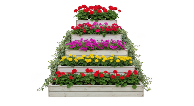 Tiered white planter display filled with vibrant red pink yellow and green flowers isolated on transparent background