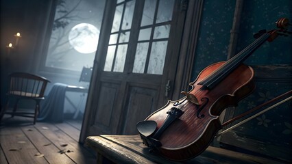 Eerie moonlight illuminates a solitary violin resting on a dusty abandoned room s furniture