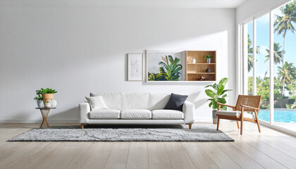 Fototapeta premium Tranquil and stylish living room. Natural light-filled living room. Modern home with minimalist decor. Relaxing living room with soft hues. Scandinavian style living room