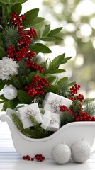 Decorative holiday arrangement with red berries, white flowers, and wrapped gifts in a festive centerpiece
