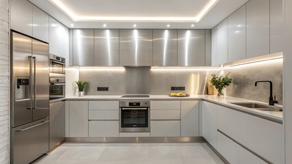 Modern luxury kitchen design with sleek stainless steel appliances and ambient lighting