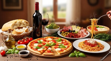 Italian Food Table with Pizza, and Pasta.
