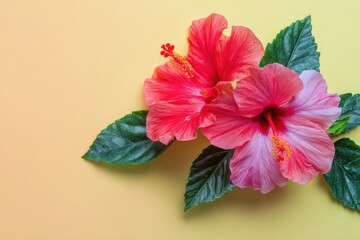 Hibiscus Flat Lay: Beautiful Bright Blooming Tropical Flower on Colorful Asian Background