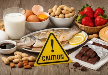 Food allergy awareness caution symbol amidst common allergen foods displayed on wooden table