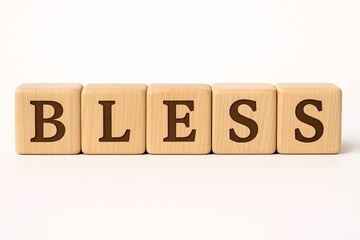 Wooden letter blocks spelling BLESS on white background