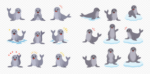 Adorable cartoon seals in various playful poses and expressions.