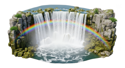 Majestic waterfall with vibrant rainbow cascading down rocky cliffs isolated on transparent background