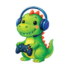 Cute watercolor dinosaur gamer with headset and black controller