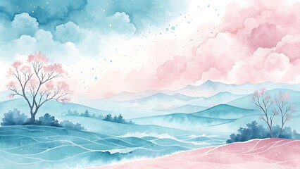 Fototapeta premium Dreamy watercolor landscape with pink and teal hues serene nature vista