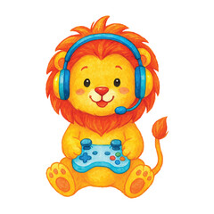Cute watercolor lion gamer with headset and blue controller