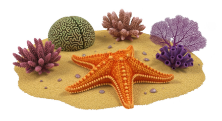 Vibrant orange starfish surrounded by colorful coral and textures on a sandy base isolated on transparent background